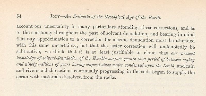 Detail of last page of article by John Joly, with his calculation of the Earth’s age, Scientific Transactions of the Royal Society of Dublin, vol. 7, 1898-1902 (Linda Hall Library)