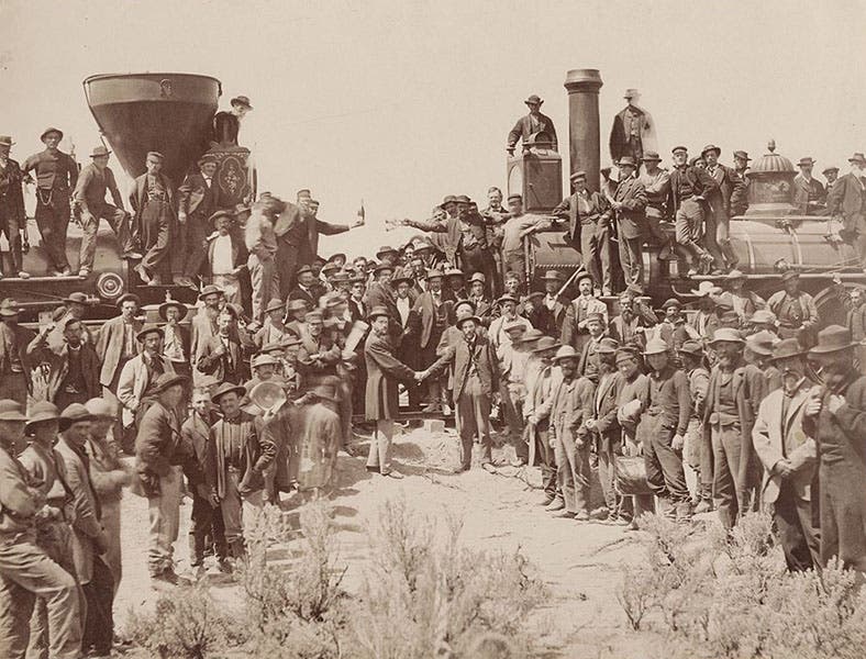 “Shaking Hands at Promontory Summit, Utah, on May 10, 1869,” photograph by Andrew Jr. Russell, 1869, Beinecke Library, Yale University (Wikimedia commons)