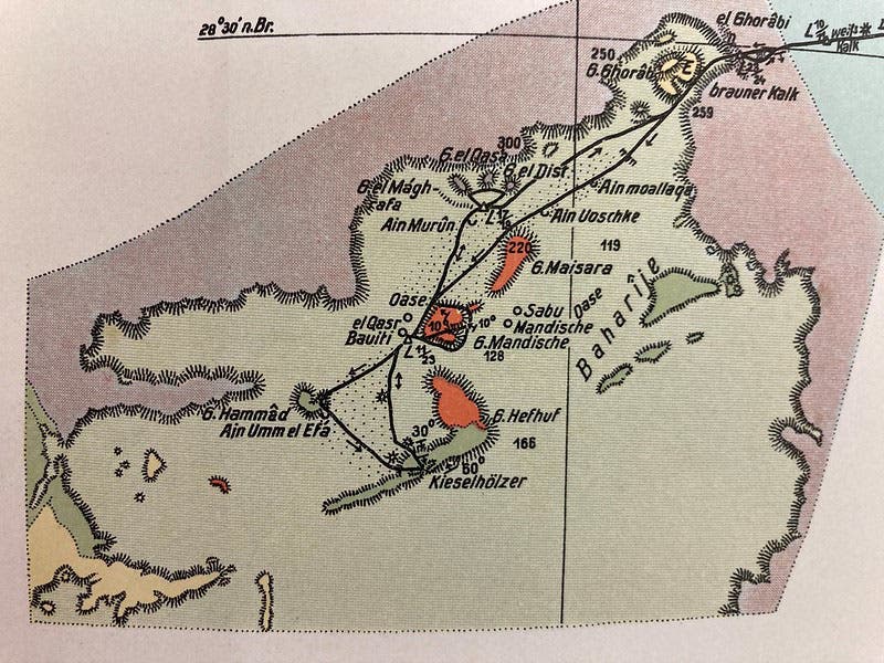 Detail of map of Bahariya, Egypt, showing Gebel el Dist, where Spinosaurus was found, by Ernst Stromer, in Abhandlungen der Königlichen Bayerischen Akademie der Wissenschaften, vol. 26, 1914 (Linda Hall Library)