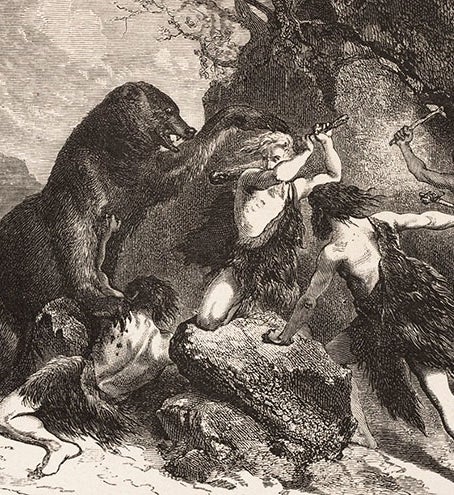 Fending off an attack of the “Great Bear,” detail of wood engraving after Émile Bayard, in L'homme primitive, by Louis Figuier, 1870 (Linda Hall Library)