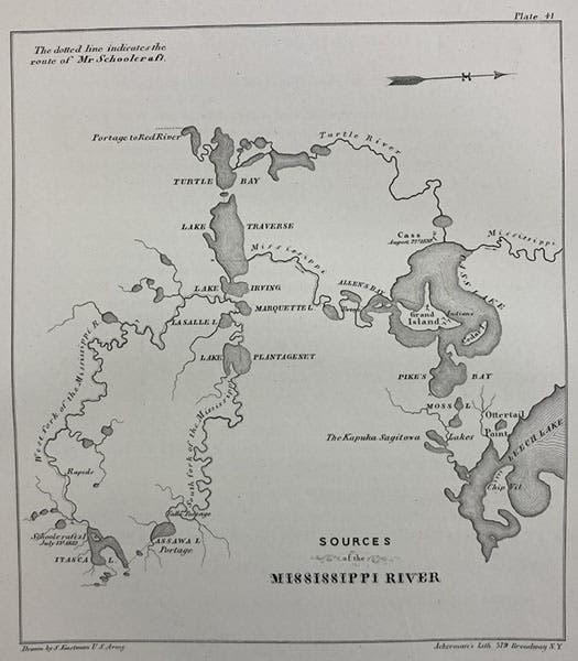 A map of the upper Mississippi, with its source, Lake Itasca, at lower left, engraving, in Indian Tribes of the United States, by Henry Schoolcraft, vol. 1, 1851 (Linda Hall Library)