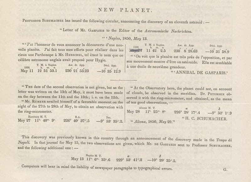 Announcement of the discovery of 11 Parthenope by Annibale de Gasparis, May 11, 1850, in Astronomical Journal, vol. 1, 1849-51 (Linda Hall Library)