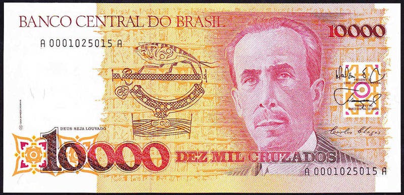 Carlos Chagas (and Triatoma infestans, the kissing bug), on the verso of a Brazilian 10,000-cruzado banknote, issued 1988 (Wikimedia commons)