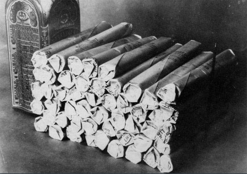 Vintage Nobel dynamite sticks, photograph, late 19th century (Nobel Prize via twitter.com)