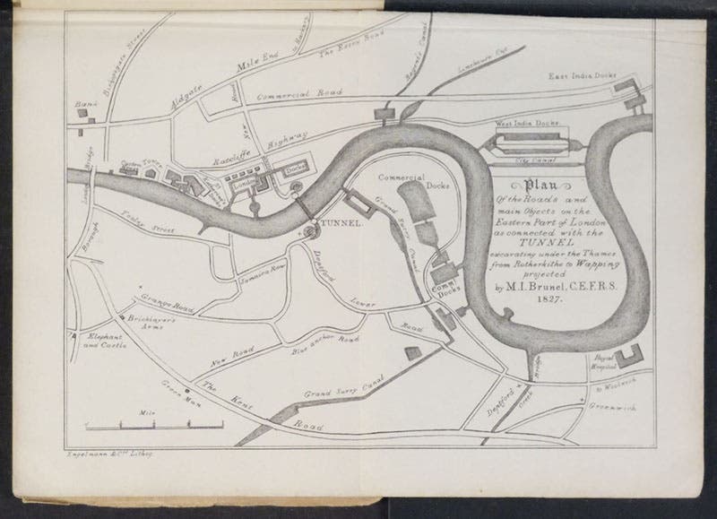 Map of River Thames, central London, with site of proposed tunnel marked by a short thick line crossing the Thames, Sketches of the Works for the Tunnel under the Thames, from Rotherhithe to Wapping, 1828 (Linda Hall Library)