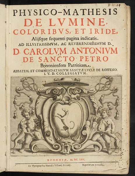 Title page of <i>Physico-mathesis de lumine</i>, by Francesco Grimaldi, 1665 (Linda Hall Library) 