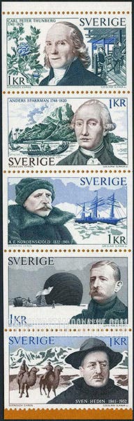 Postage stamps issued in 1973 by Sweden to honor five Swedish explorers; Carl Peter Thunberg is at the top (findyourstampsvalue.com)