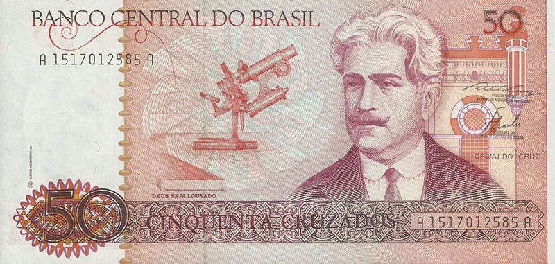 Brazilian 50 cruzados banknote, front side, with portrait of Oswaldo Cruz, 1986 (banknoteindex.com)