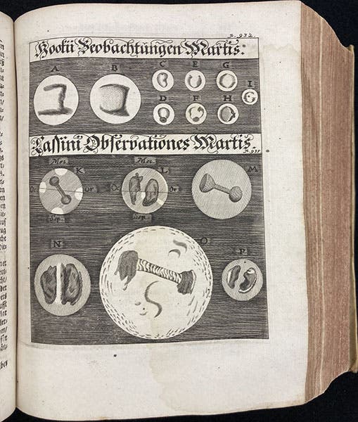 The face of Mars, according to Giovanni Domenico Cassini and Robrt Hooke, engraving in Das eröffnete Lust-haus, by Erasmus Francisci, 1676 (Linda Hall Library)