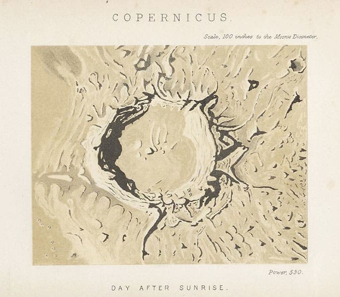 The crater Copernicus just after sunrise, tinted lithograph, frontispiece to Edmund Neison, The Moon and the Condition and Configurations of its Surface, 1876 (Linda Hall Library)