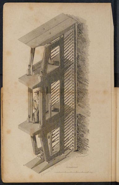 A single frame of the 12-frame tunnelling shield, with places for three miners, engraving in Explication des travaux entrepis pour la construction de la tunnelle ou passage sous la Tamise, by the Thames Tunnel Company, 1836 (Linda Hall Library)