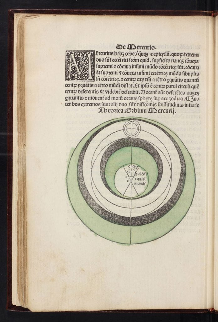 The orb of Mercury, hand-colored woodcut, from Peurbach, <i>Theorica nova planetarum</i>, in Sacrobosco, <i>Sphaera</i>, 1482 (Linda Hall Library)