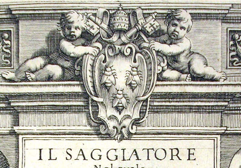 Detail of third image, showing the coat of arms of the new pope, Urban VIII, on the engraved title page of Il saggiatore, by Galileo Galilei, 1623, (Linda Hall Library)