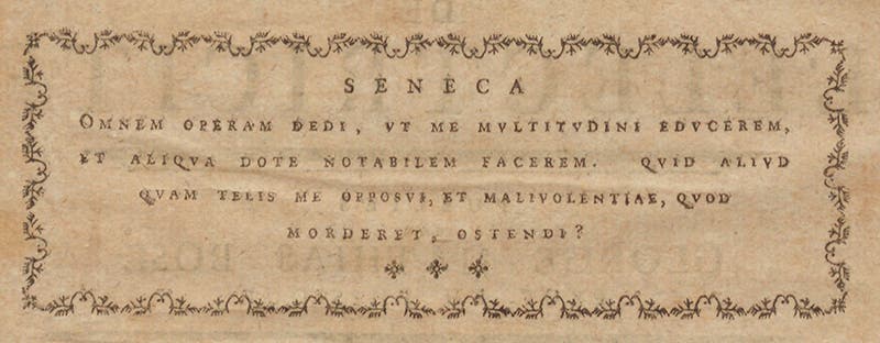 Detail of the title-page verso, a verse from Seneca’s <i>De vita beata</i>, in Georg Bose, Recherches sur la cause et sur la veritable téorie de l'électricite, 1745 (Linda Hall Library)