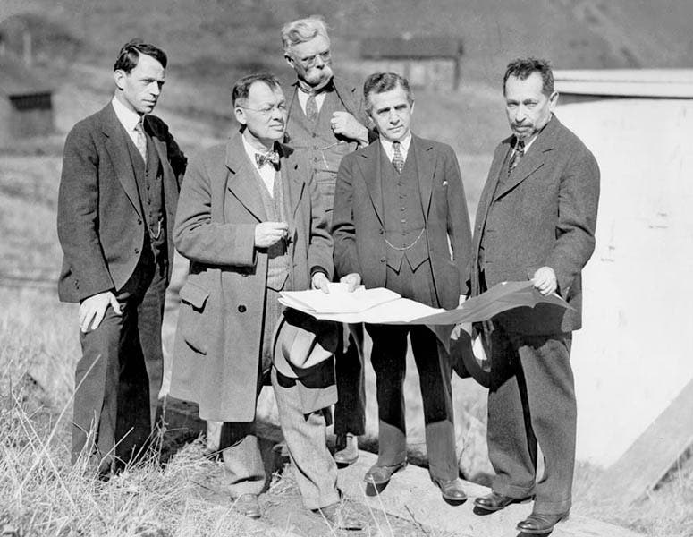 The chief engineer for the Golden Gate Bridge and his principal consulting engineers (left to right): Othmar Ammann, Charles Derleth, Andrew C. Lawson, Joseph Strauss, Leon Moisseiff; photograph, ca 1933; Charles Ellis was not included (goldengate.org)