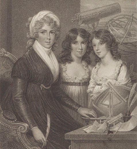 Portrait of Margaret Bryan and her daughters, aquatint by W. Nutter after miniature by Samuel Shelley, frontispiece to Margaret Bryan, <i>Compendious System of Astronomy</i>, 1797 (Linda Hall Library)