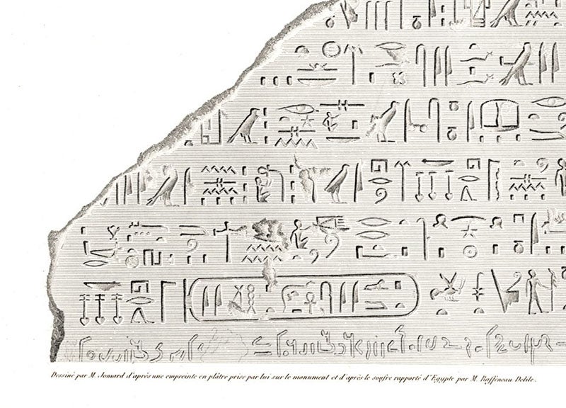 Detail of the seventh image, the hieroglyphic section of the Rosetta stone, with signature of Edme Jomard, Description de l’Égypte, Antiquités, vol. 5, 1822 (Linda Hall Library)