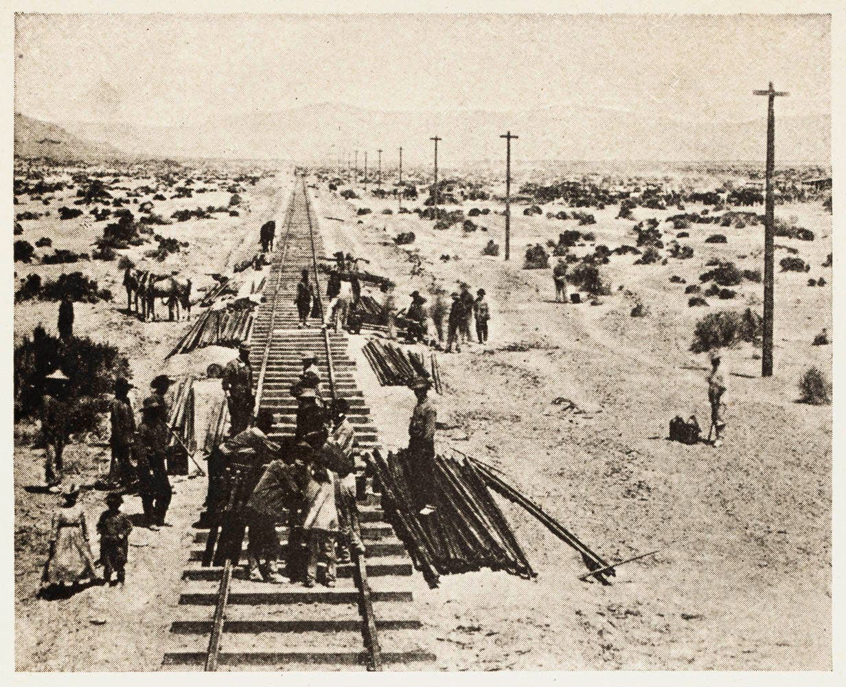 Alfred A. Hart photograph of Chinese Central Pacific construction crews along the Humboldt Plains in Nevada. Hart served as official photographer of the Central Pacific Railroad from 1864 to 1869, documenting construction from Sacramento, California, to Promontory Summit, Utah.