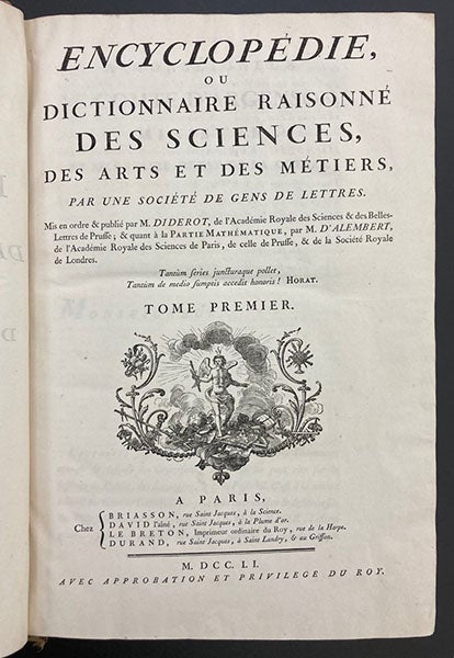 Title page, Encyclopédie, ou dictionnaire raisonné des sciences, des arts, et des métiers, ed. by Denis Diderot and Jean D’Alembert, vol. 1, 1751 (Linda Hall Library)