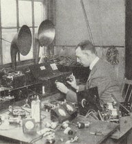 Powel Crosley, Jr. checking the performance of a radio receiver. Photograph published in the November 1924 issue of Radio Broadcast (Linda Hall Library)