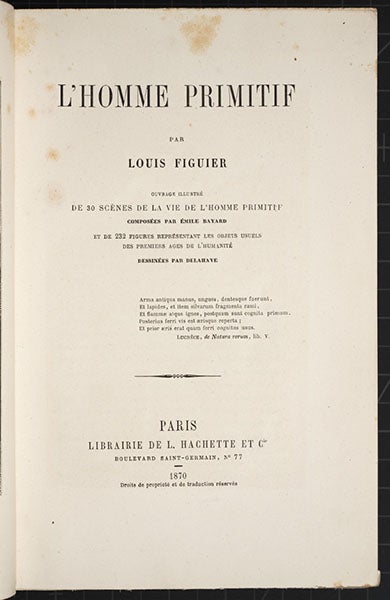 Title page, L'homme primitive, by Louis Figuier, 1870 (Linda Hall Library)