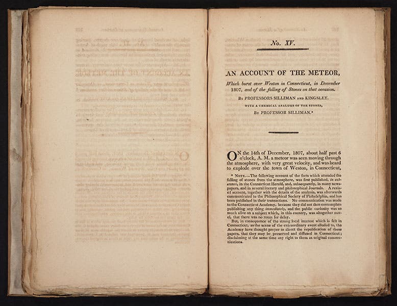 Opening page of Benjamin Silliman’s paper on the Weston meteorite fall, Memoirs of the Connecticut Academy of Arts and Sciences, 1810 (Linda Hall Library)