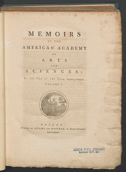 Title page, Volume 1 of Memoirs of the AAAS, 1780-83 (Linda Hall Library)