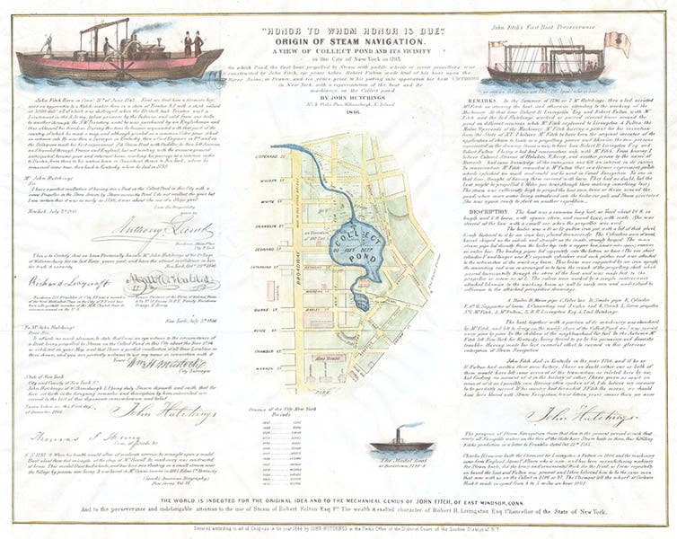 Broadside commemorating the steamboats of John Fitch, and illustrating Connect Pond, issued by John Hutchings, hand-colored engraving, 1846, from the map dealer Geographicus (Wikimedia commons)