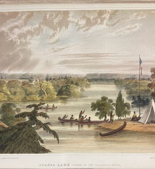 A view of Lake Itasca in northwestern Minnesota, source of the Mississippi River, discovered by Henry Schoolcraft, chromolithograph after Seth Eastman, in Indian Tribes of the United States, by Henry Schoolcraft, vol. 1, 1851 (Linda Hall Library)