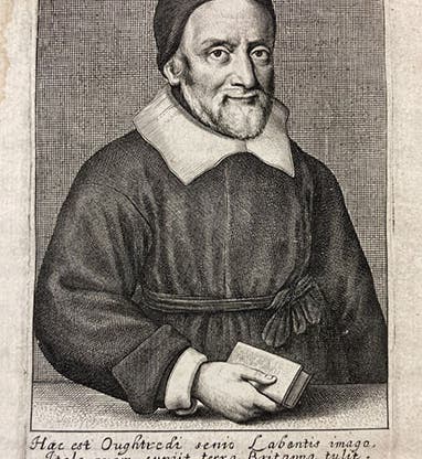 Portrait of William Oughtred, engraving by W. Faithorne from an original by Wenceslas Hollar, frontispiece to Oughtred, <i>Trigonometria</i>, 1657 (Linda Hall Library)