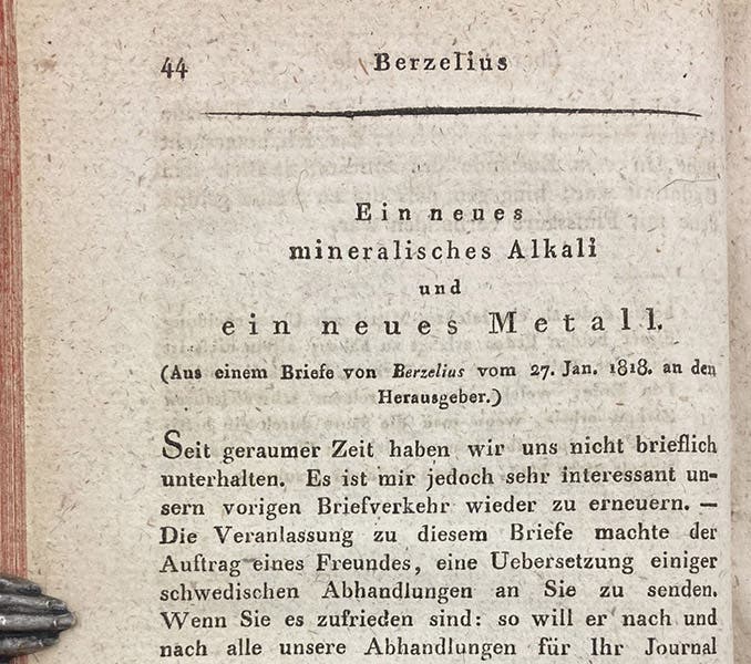 First paragraph of an article on the discovery of a new alkali metal (lithium), by Jons Jakob Berzelius, in Journal für Chemie und Physik, vol. 21, p. 41, 1817 (Linda Hall Library).
