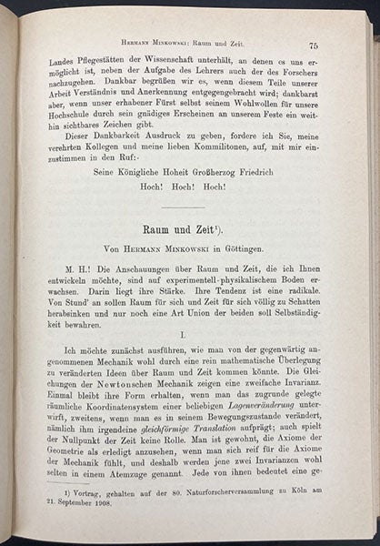 First page of “Raum und Zeit,” by Hermann Minkowski, Jahresbericht der Deutschen Mathematiker-Vereinigung, vol. 18, 1909 (Linda Hall Library) 