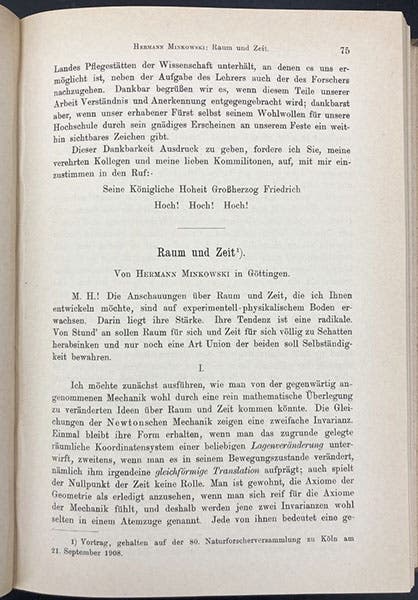 First page of “Raum und Zeit,” by Hermann Minkowski, Jahresbericht der Deutschen Mathematiker-Vereinigung, vol. 18, 1909 (Linda Hall Library)