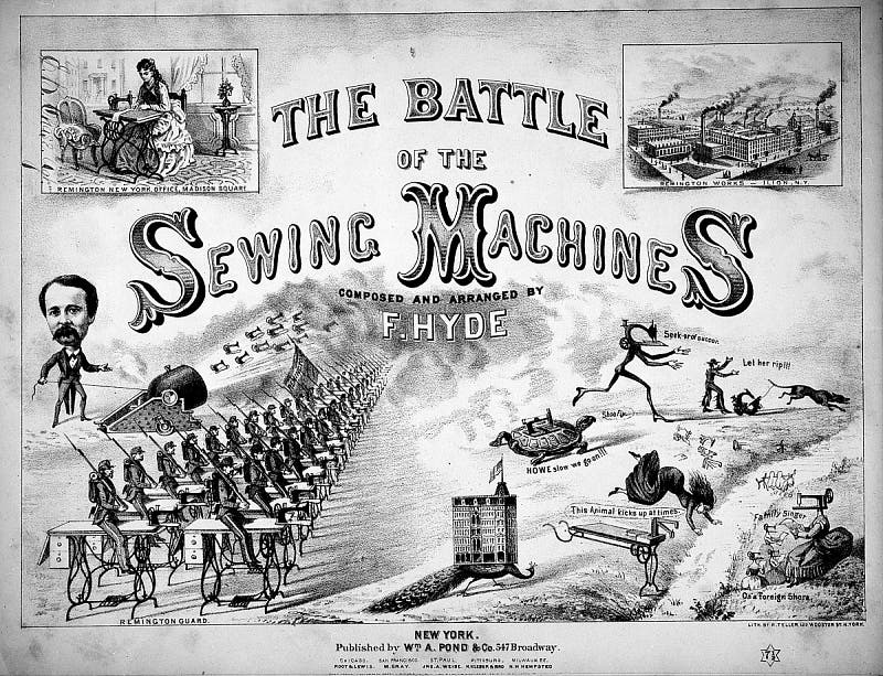 "The Battle of the Sewing Machines", lithograph, 1874, showing new Remington machines driving out machines of Singer, Howe, Wilcox and Gibbs, and others, National Museum of American History, Smithsonian Institution (www.si.edu)