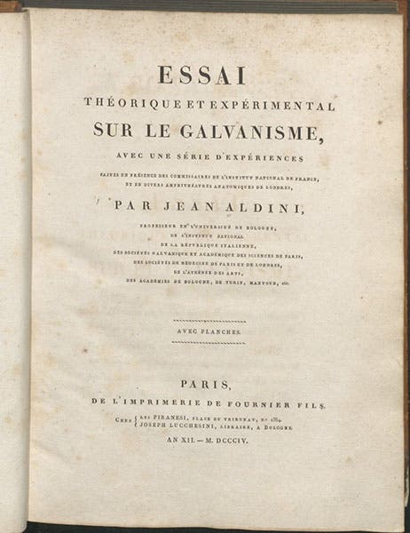 Title page, Essai théorique et expérimental sur le galvanisme, by Giovanni Aldini, 1804 (Linda Hall Library)