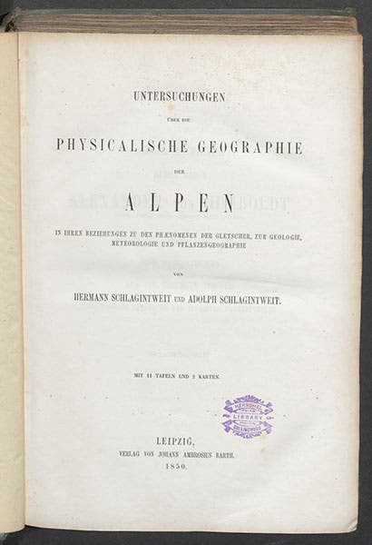 Title page of Untersuchungen über die physikalische Geographie der Alpen, by Hermann and Adolph von Schlagintweit, 1850 (Linda Hall Library)