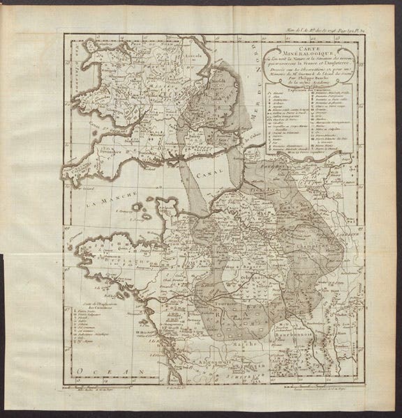 Second mineralogical map, covering France and England, by Jean-Étienne Guettard, in Memoires de l’académie royale des sciences pour 1746 (Linda Hall Library)