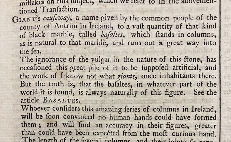 Beginning of entry on “Giant’s Causeway,” A Supplement to Mr. Chambers's Cyclopaedia: or, Universal Dictionary of Arts and Sciences, ed. by John Hill et al., vol. 1, 1753 (Linda Hall Library)