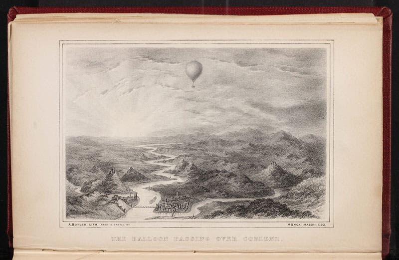 Sunrise over Koblenz from the Vauxhall overhead, lithograph in Aeronautica, by T. Monck Mason 1838 (Linda Hall Library)