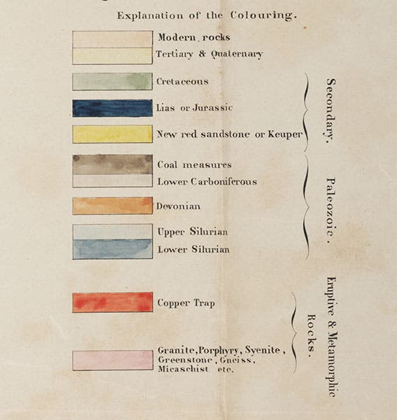 Color key to geological map, detail of frontispiece map, Jules Marcou, A Geological Map of the United States of America, 1853 (Linda Hall Library)