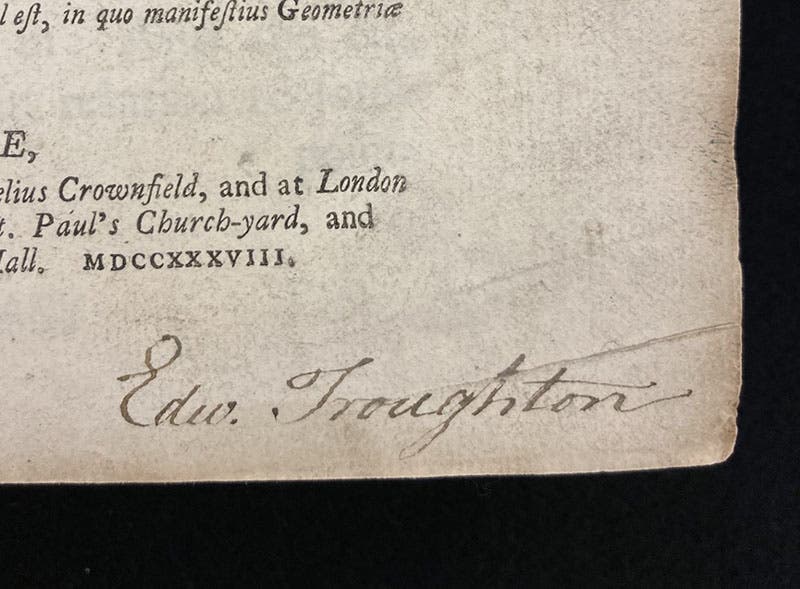 Detail of the signature of Edward Troughton on the title page of the Library’s copy of A Compleat System of Opticks, by Robert Smith, 1738 (Linda Hall Library)