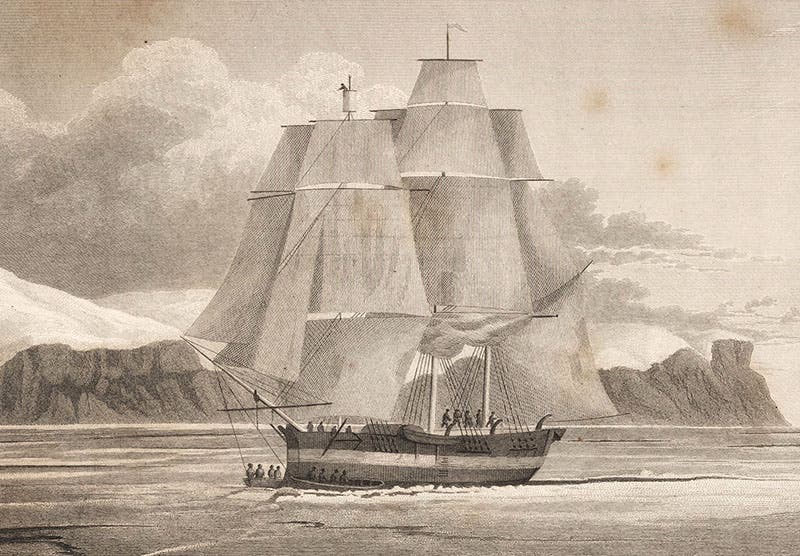 HMS Fury on her way to the Arctic archipelago, detail of an engraving in Journal of a Third Voyage for the Discovery of a Northwest Passage, by William Edward Parry, 1826 (Linda Hall Library)