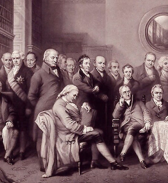 “Distinguished Men of Science 1807/08”, engraving, detail, 1862; Henry is central standing figure with unruly black hair <br>(National Portrait Gallery, London)
