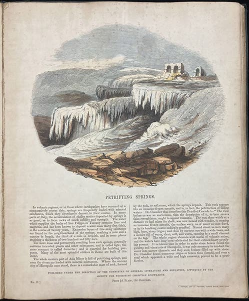 “Petrifying Springs,” entire page, with hand-colored wood engraving by Josiah Wood Whymper, [Natural Phenomena], plate 17, 1846 (Linda Hall Library)