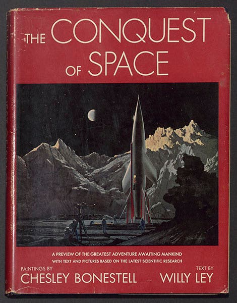 Dust jacket of The Conquest of Space, by Willy Ley and Chesley Bonestell, 1949, featuring a Bonestell painting, Rocket Landed on the Moon (Linda Hall Library)