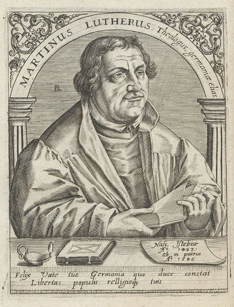Portrait of Martin Luther, engraving by Theodor de Bry, Icones quinquaginta virorum illustrium, by Jean-Jacques Boissard, vol. 3, 1597-99 (Lionda Hall Library)