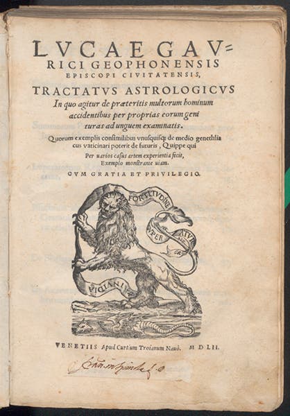 Title page, Tractatus astrologicus, by Luca Gaurico, 1552 (Linda Hall Library)