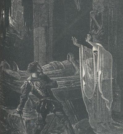 The stage illusion known as “Pepper’s ghost,” as seen by the audience, wood engraving, Amédée Guillemin, The Forces of Nature, 1872 (Linda Hall Library)