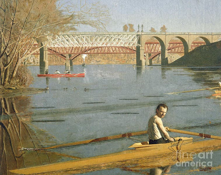 Two bridges over the Schuylkill River, detail of Max Schmitt in a Single Scull, oil on canvas by Thomas Eakins, 1871, Metropolitan Museum of Art, New York City (fineartamerica.com)