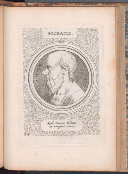 Portrait of Socrates, by Theodor Galle, engraving after a cameo, coin, gem, or relief in the collection of Fulvio Orsini, in Galle’s Illustrium imagines, 1606 (Linda Hall Library)